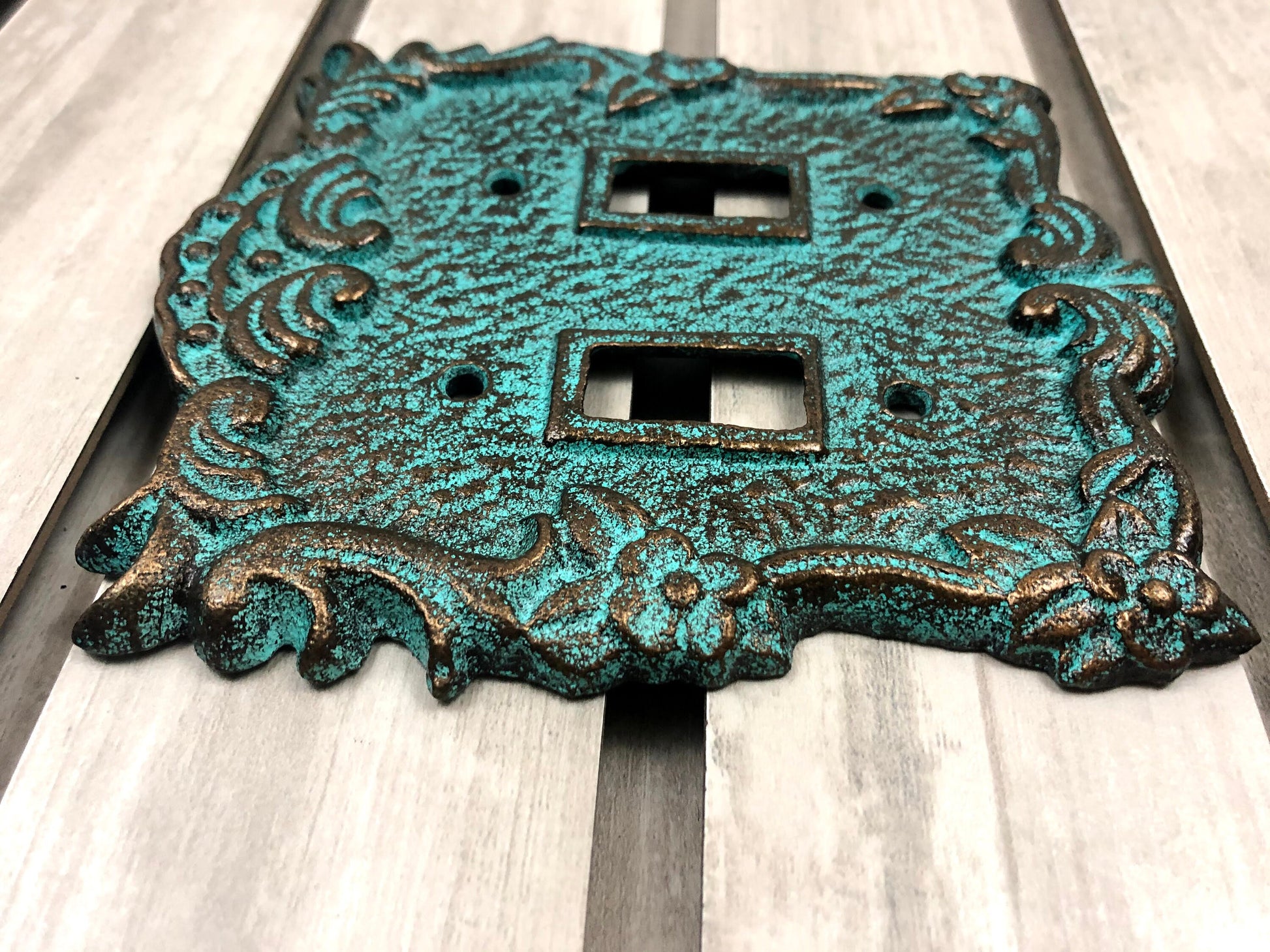 Ornate Double Toggle Light Switch Plate, PICK YOUR COLOR, Bathroom Wall Decor. Cast Iron Two Toggle Switch Plate Cover for Rustic Home Decor