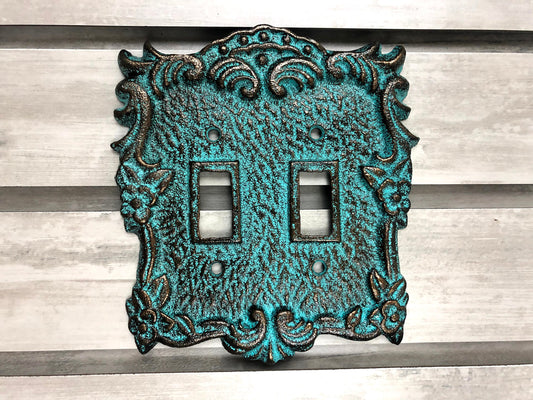 Ornate Double Toggle Light Switch Plate, PICK YOUR COLOR, Bathroom Wall Decor. Cast Iron Two Toggle Switch Plate Cover for Rustic Home Decor