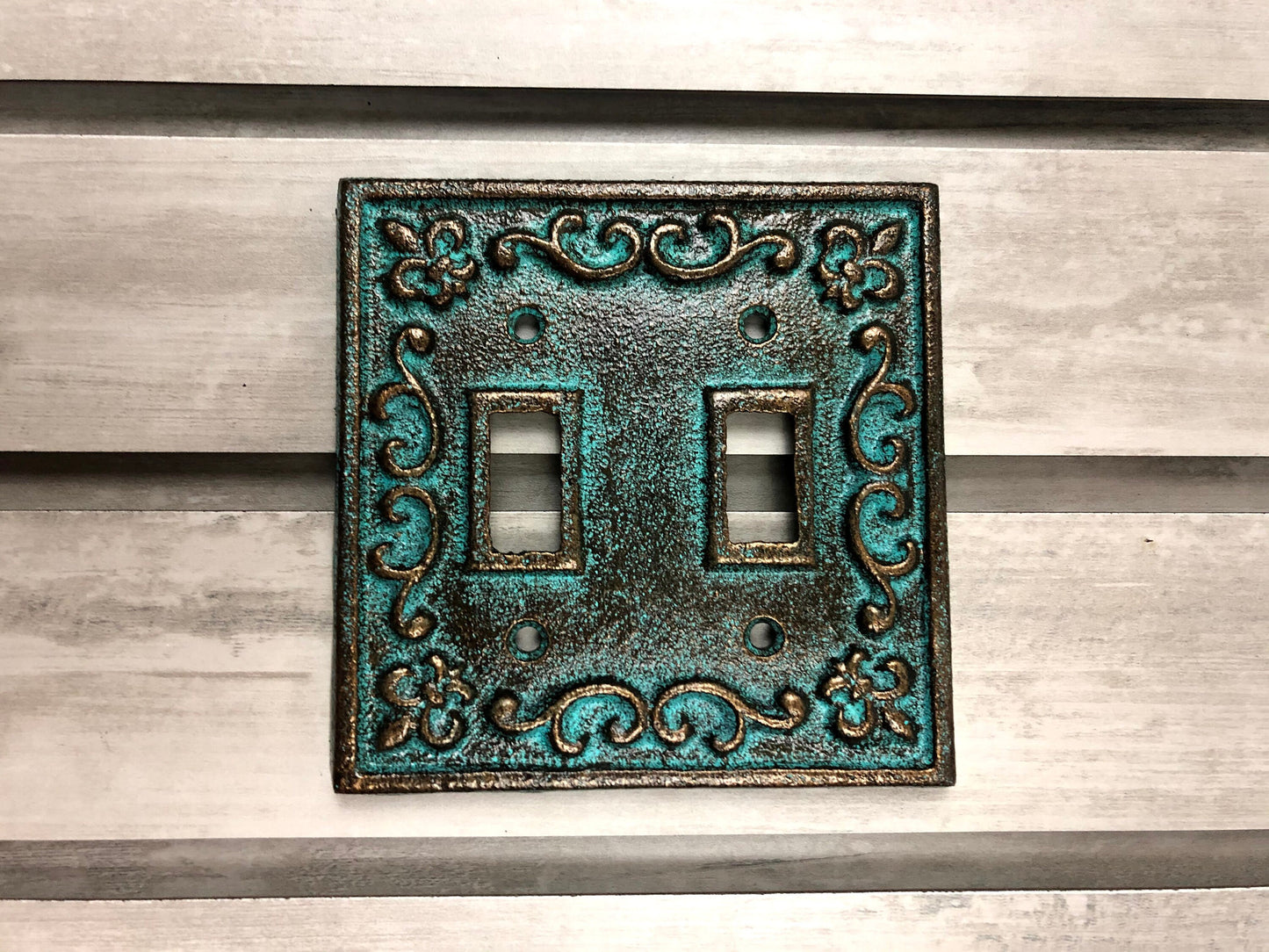 Double toggle Light Switch Plate Cover, PICK YOUR COLOR, Two toggle Cast Iron Switch Plate Cover, Wall Decor, Nursery Decor, Fleur de lis