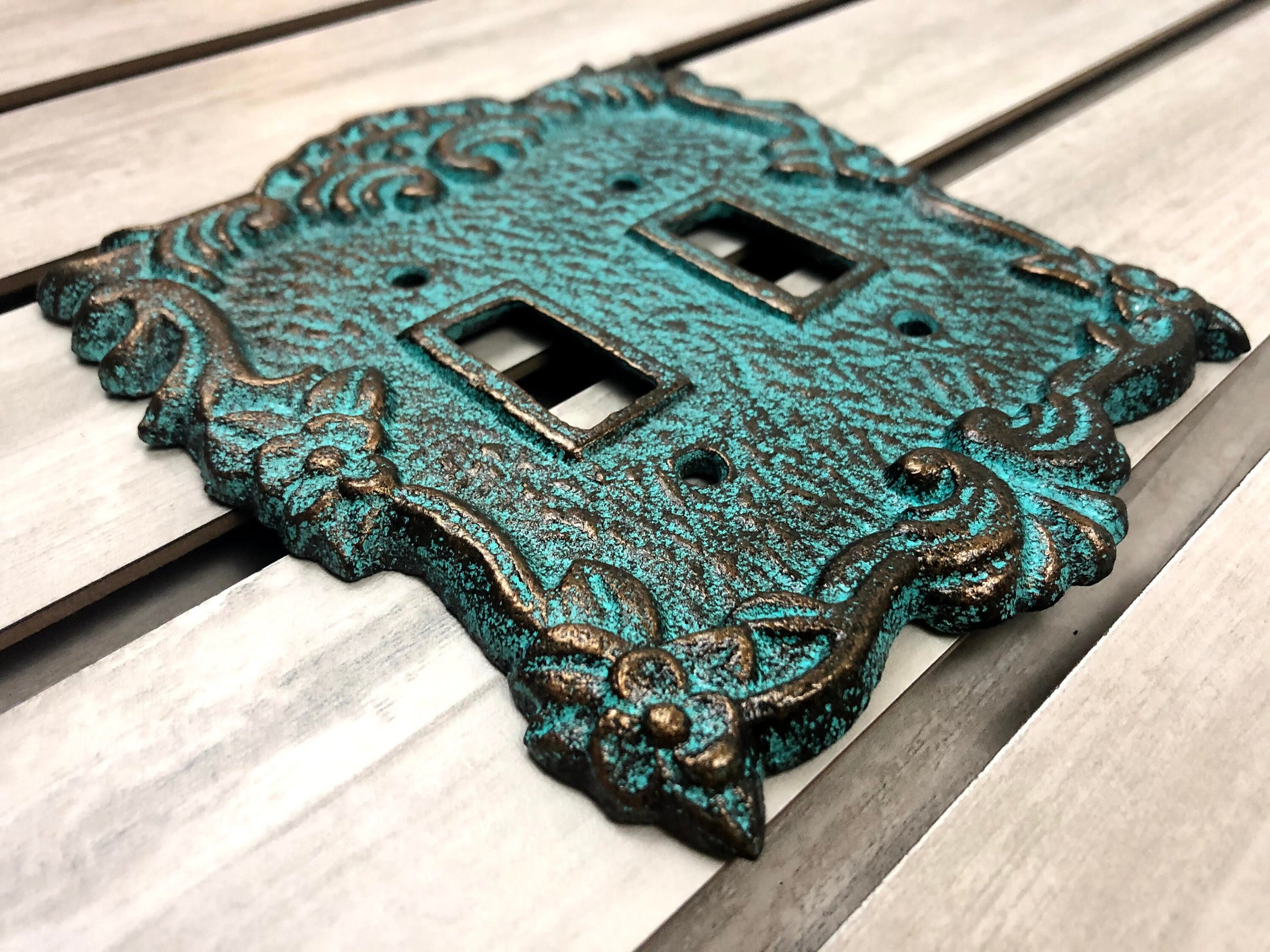 Ornate Double Toggle Light Switch Plate, PICK YOUR COLOR, Bathroom Wall Decor. Cast Iron Two Toggle Switch Plate Cover for Rustic Home Decor