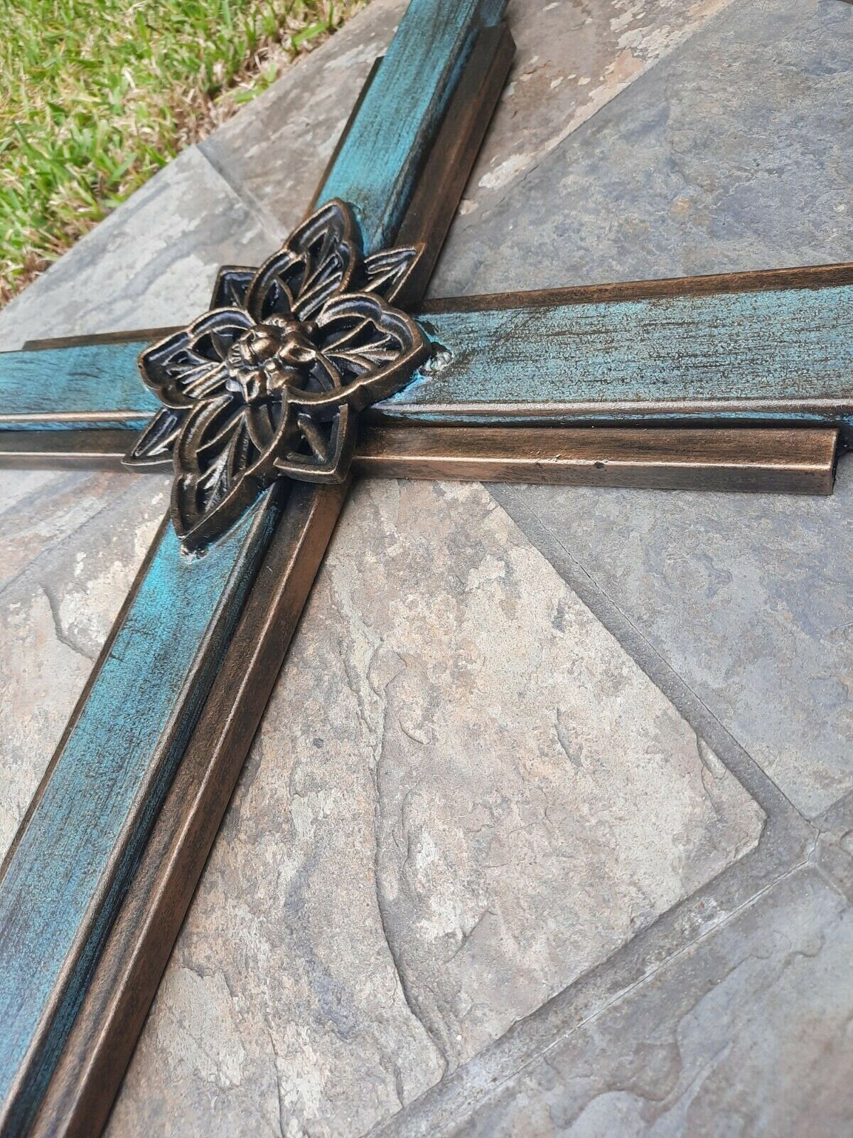 Large Turquoise Iron Wall Cross. Handmade and hand painted. 36 inches tall. Original Design.