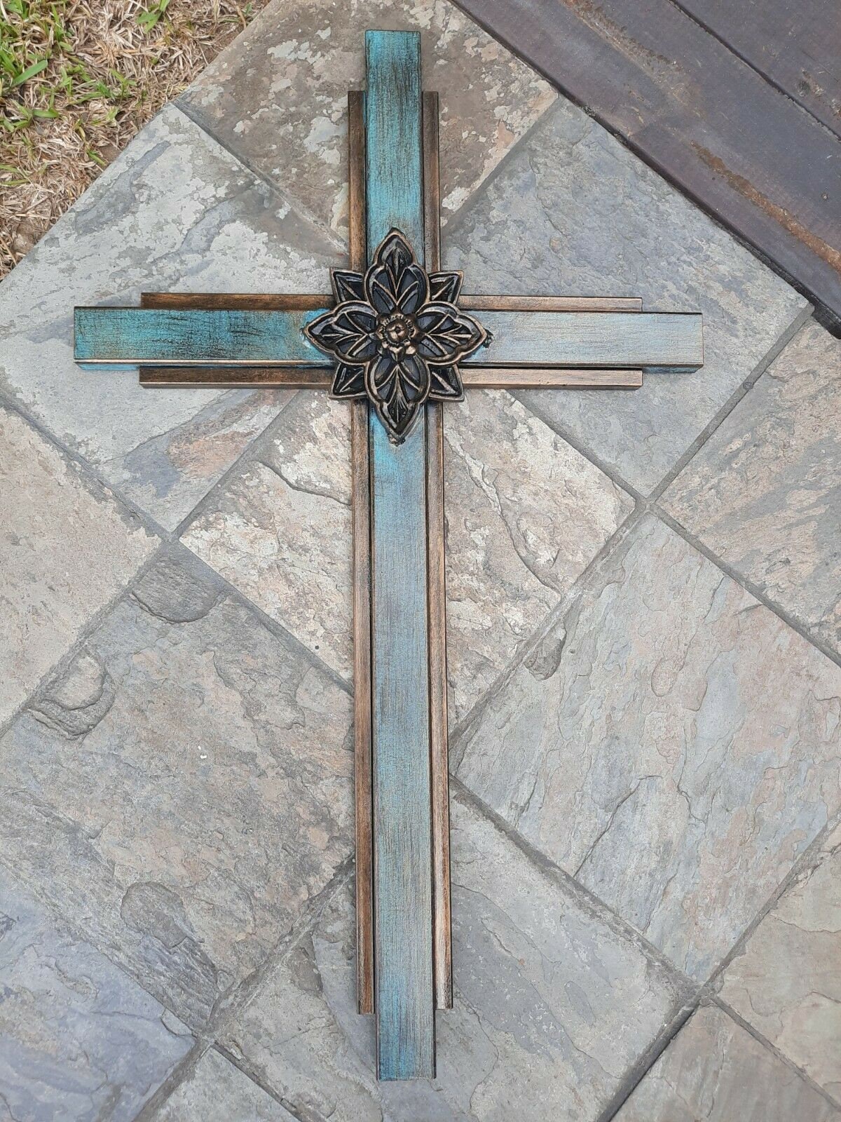 Large Turquoise Iron Wall Cross. Handmade and hand painted. 36 inches tall. Original Design.