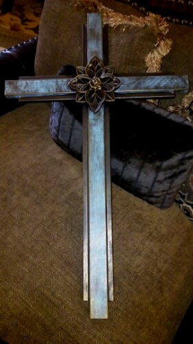 Large Turquoise Iron Wall Cross. Handmade and hand painted. 36 inches tall. Original Design.