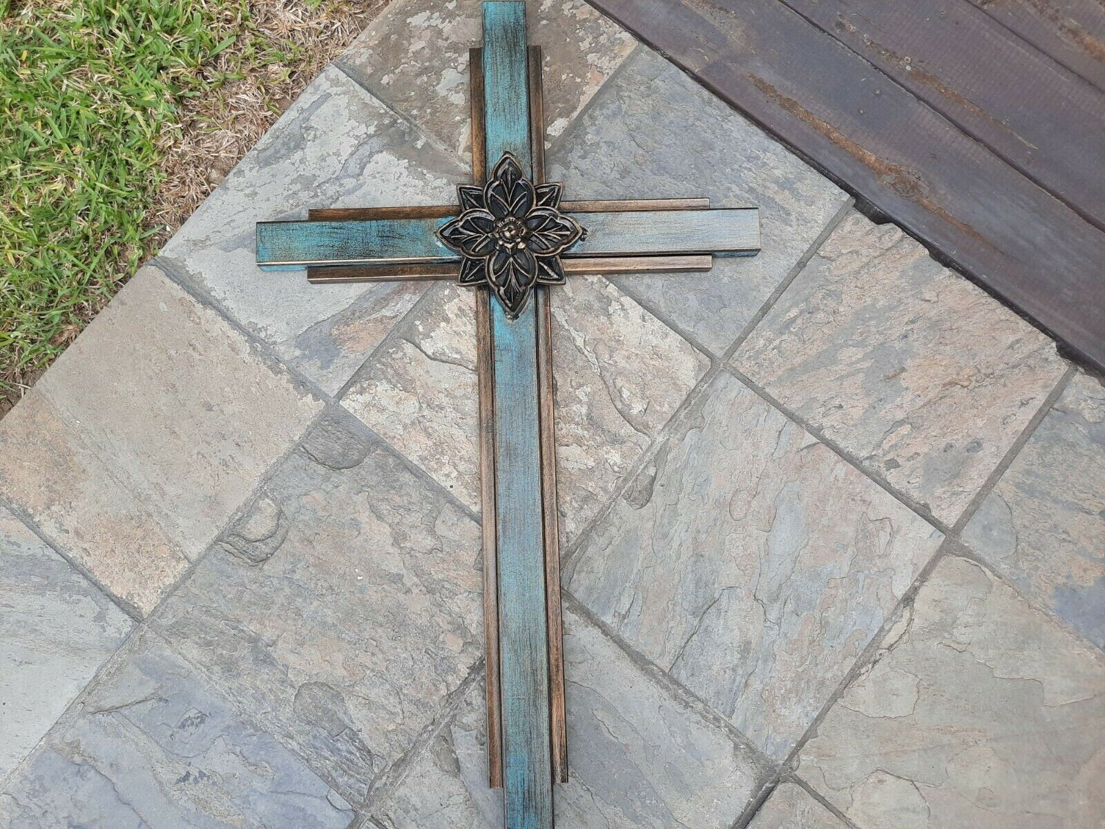 Large Turquoise Iron Wall Cross. Handmade and hand painted. 36 inches tall. Original Design.