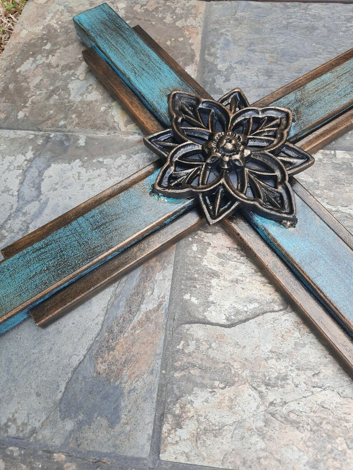 Large Turquoise Iron Wall Cross. Handmade and hand painted. 36 inches tall. Original Design.