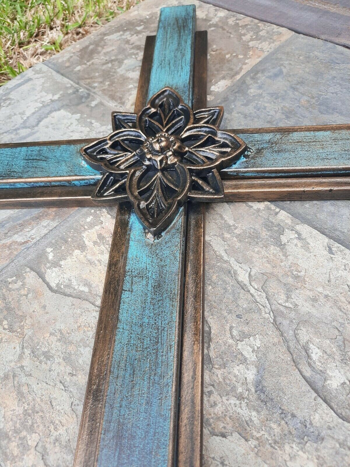 Large Turquoise Iron Wall Cross. Handmade and hand painted. 36 inches tall. Original Design.