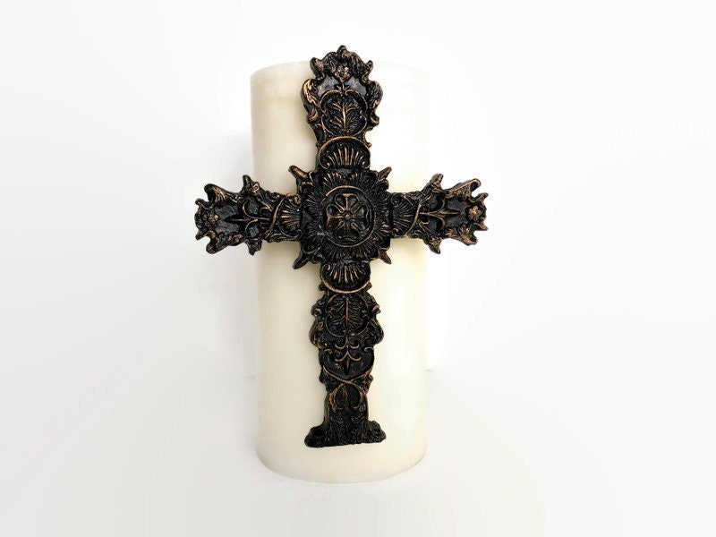 Large Cross Candle Pin for Pillar Candle. PICK YOUR COLOR. Wedding Reception Table Decor. Housewarming party gift. Old World Tuscan Fleur