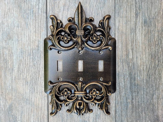 Metal Triple Toggle Light Switch Plate. PICK YOUR COLOR. 3 gang light switch cover, Medieval Gothic Royal Tuscan Decor. Three toggle switch