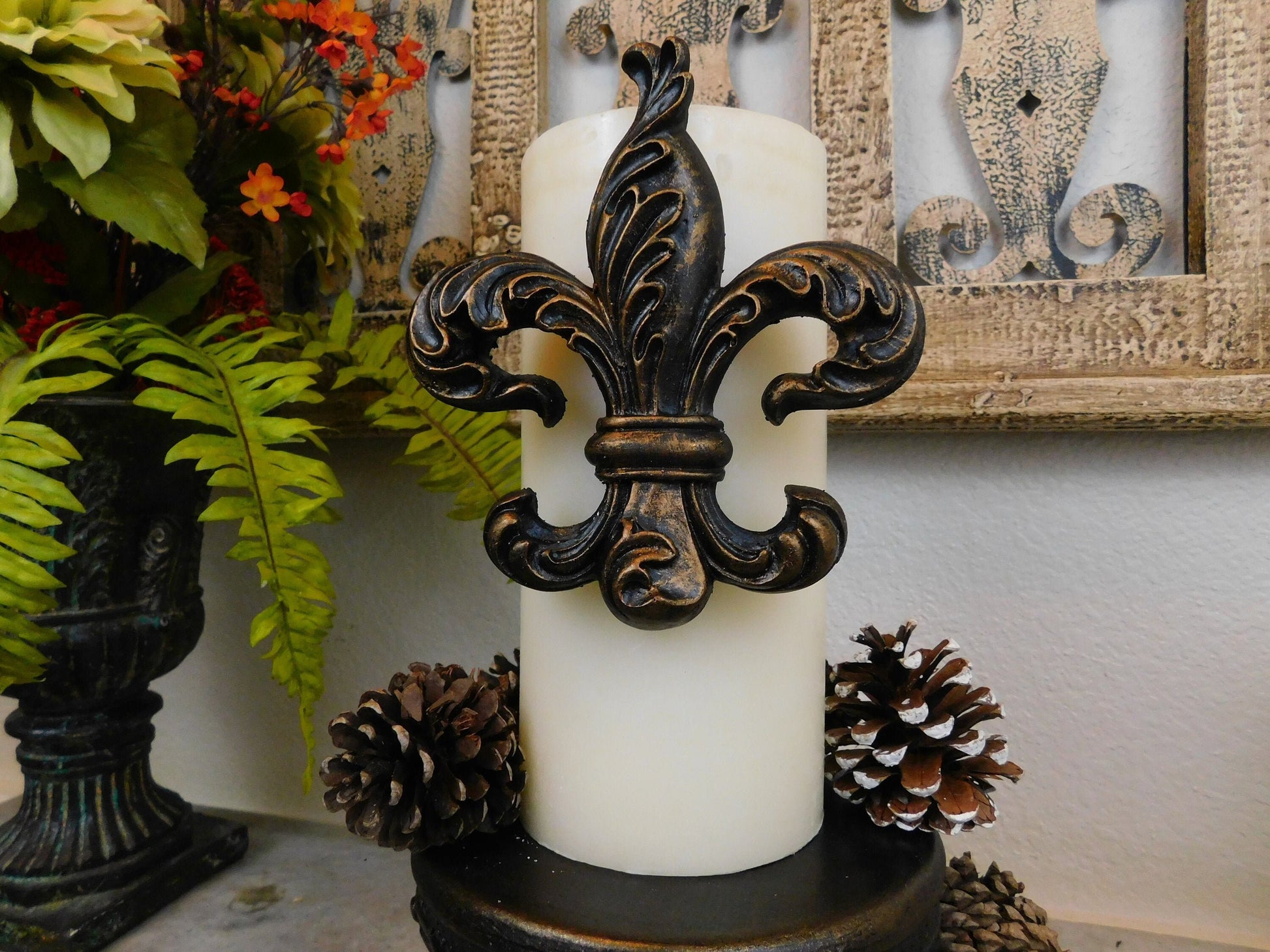 Fleur De Lis Candle Pin | PICK YOUR COLOR | Ornate Candle Pins, Fleur De Lis Decor, Entryway Table Decor Candle Jewelry Baptism Candle Favor