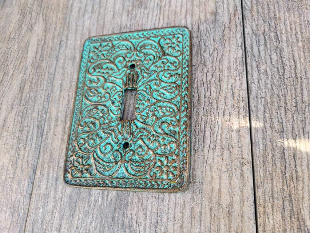 Single Toggle Metal Switch Plate Cover, One Toggle Light Switchplate, Tuscan Old World Fleur de Lis Decor, Antique Turquoise, Boho. Bohemian