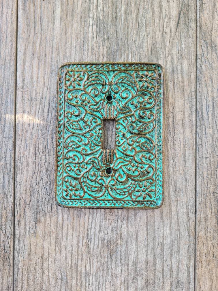 Single Toggle Metal Switch Plate Cover, One Toggle Light Switchplate, Tuscan Old World Fleur de Lis Decor, Antique Turquoise, Boho. Bohemian