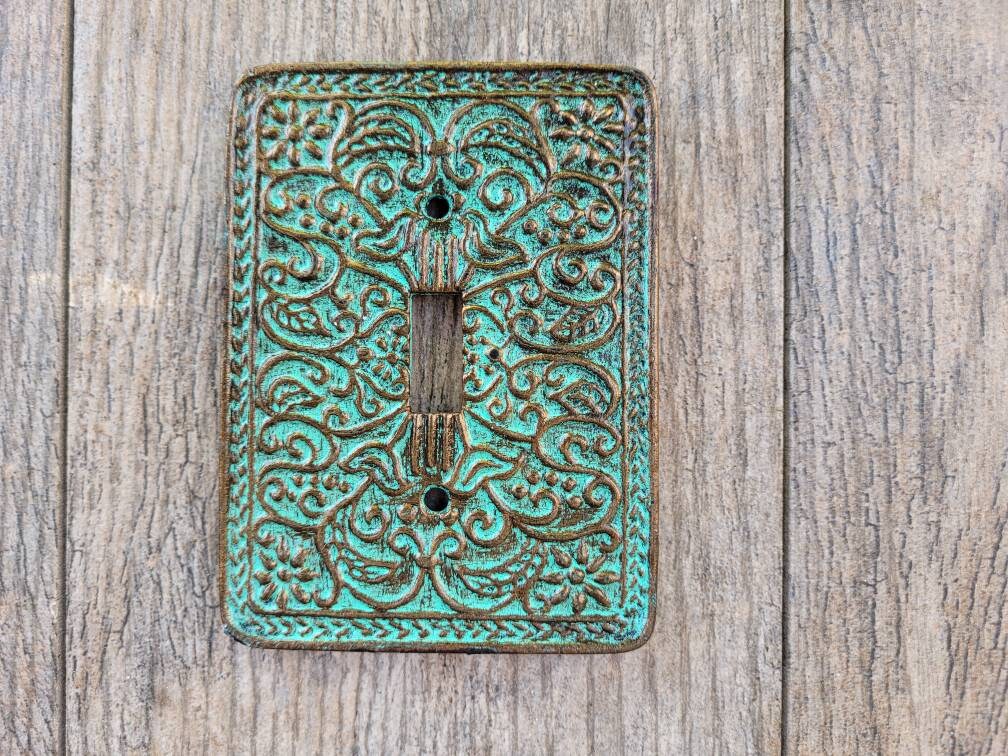 Single Toggle Metal Switch Plate Cover, One Toggle Light Switchplate, Tuscan Old World Fleur de Lis Decor, Antique Turquoise, Boho. Bohemian