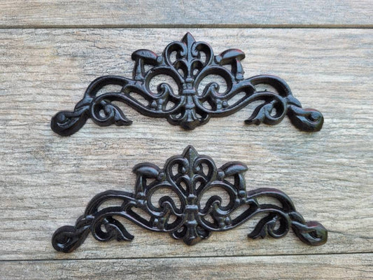 TWO Cast Iron Scroll Toppers | PICK Your COLOR | Cabinet Hardware | Wall Plaques Tuscan Kitchen Pediment Bathroom sink inserts. Fleur de Lis