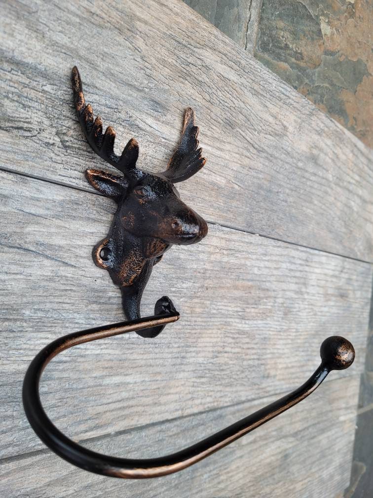 Moose Bathroom Toilet Paper Holder, Pick Your Color, TP Holder, Nature Towel rack, Wall Hook. Ranch cabin Rustic Bath fixture Antlers