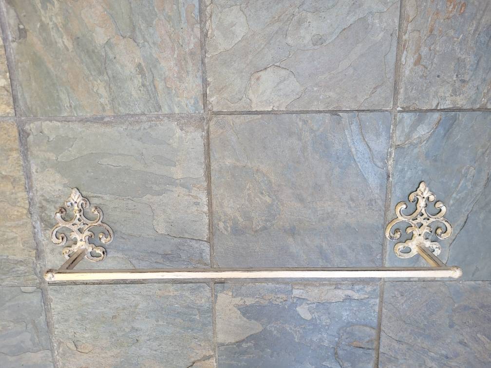 Metal Towel Bar with scroll medallions. Bathrooom fixture, hand painted and handmade. Iron Bath towel bar.