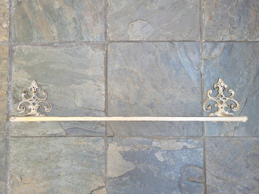 Metal Towel Bar with scroll medallions. Bathrooom fixture, hand painted and handmade. Iron Bath towel bar.