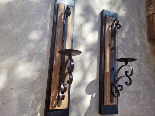 Candle Sconces | Set of 2 wall sconces | Wrought Iron Decor | pillar Candle holder | Wall Decor | wood iron wall decor,  FleurDeLisJunkie