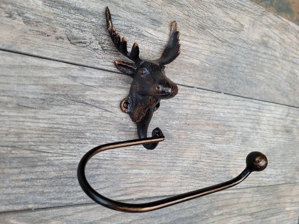 Moose Bathroom Toilet Paper Holder, Pick Your Color, TP Holder, Nature Towel rack, Wall Hook. Ranch cabin Rustic Bath fixture Antlers