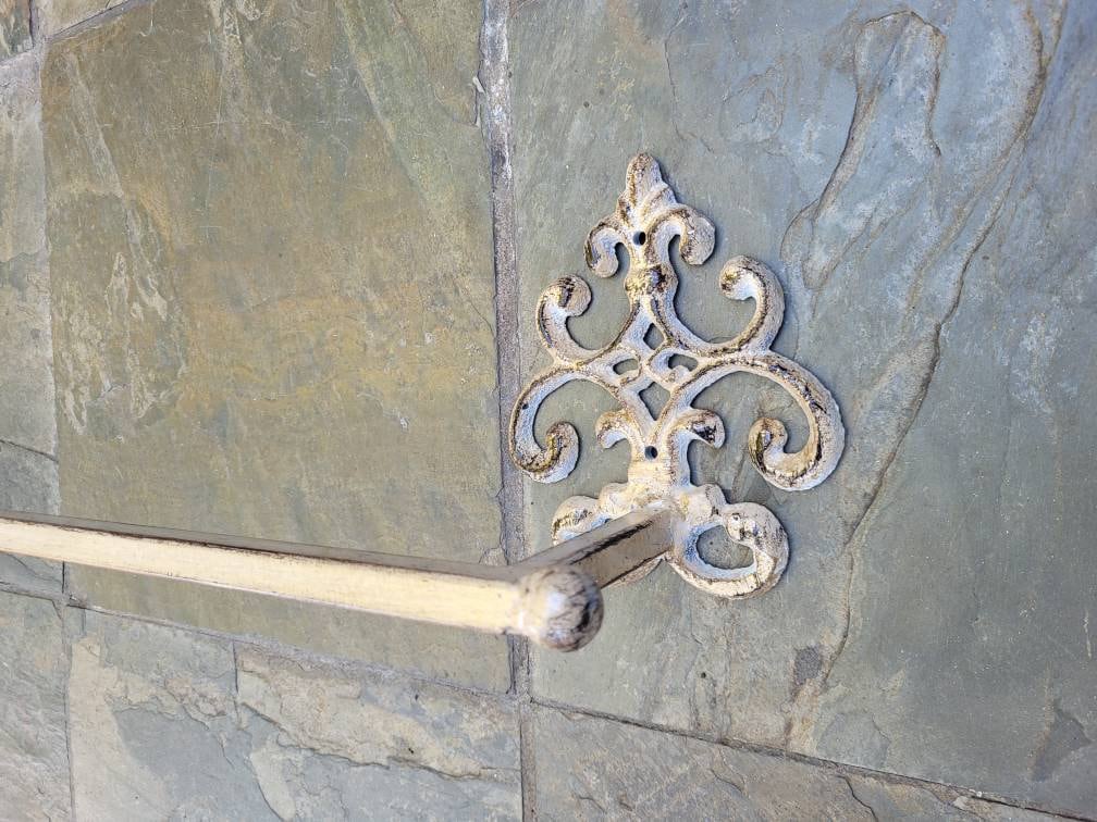 Metal Towel Bar with scroll medallions. Bathrooom fixture, hand painted and handmade. Iron Bath towel bar.