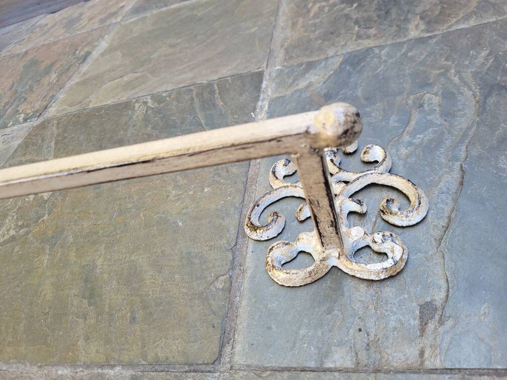 Metal Towel Bar with scroll medallions. Bathrooom fixture, hand painted and handmade. Iron Bath towel bar.