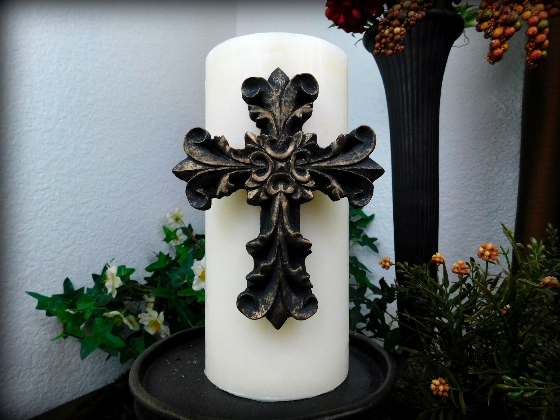 Cross Candle Pin for Pillar Candle | PICK YOUR COLOR | Wedding Table Decor | Tuscan, Old World, Medieval, French Country | FleurDeLisJunkie