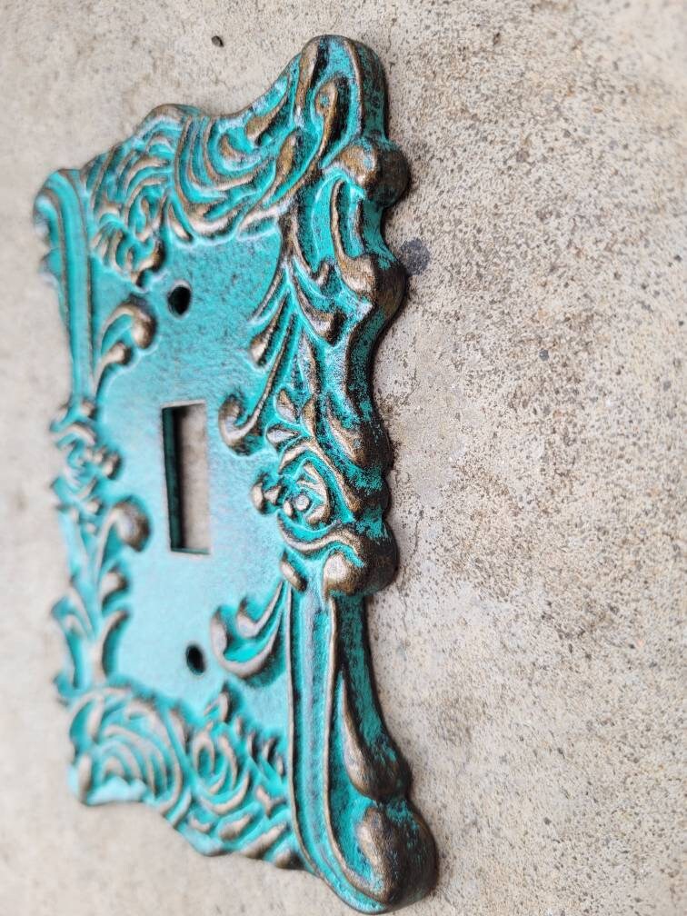 Single Toggle Metal Switch Plate Cover, One Toggle Light Switchplate,  Fleur de Lis Decor, Antique Turquoise, Boho. Bohemian Victorian