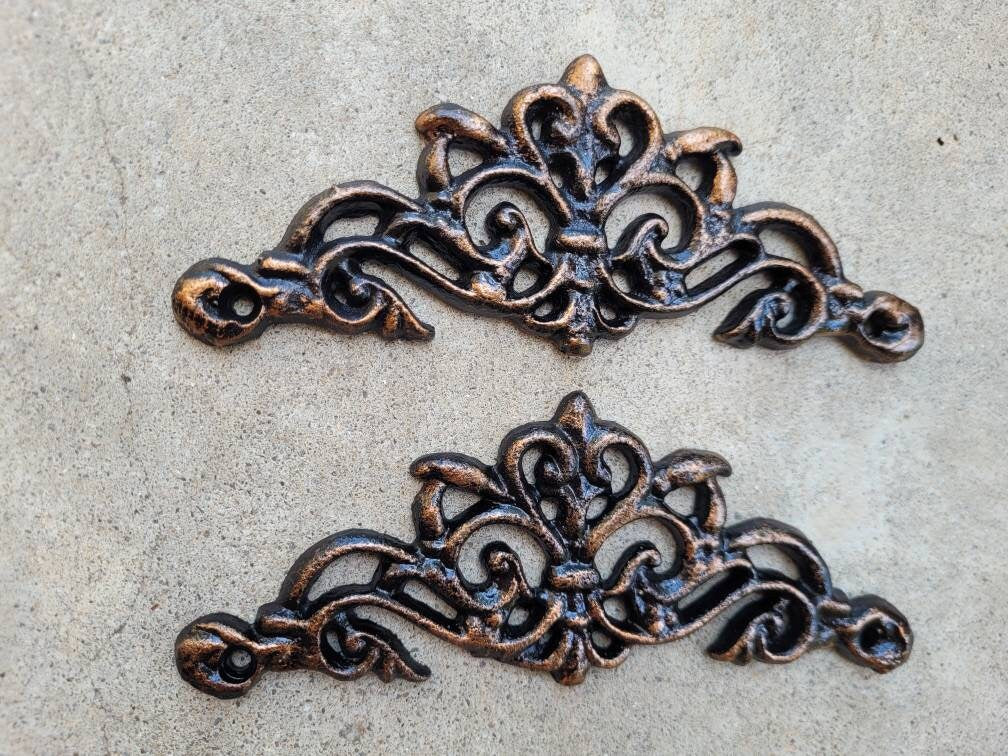 TWO Cast Iron Scroll Toppers | PICK your COLOR | Cabinet Hardware | Wall Plaques | Tuscan | Kitchen | Pediment | Bathroom