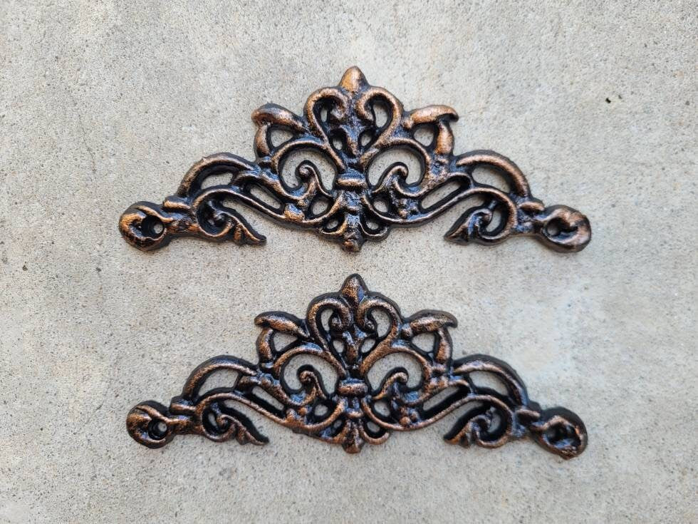 TWO Cast Iron Scroll Toppers | PICK your COLOR | Cabinet Hardware | Wall Plaques | Tuscan | Kitchen | Pediment | Bathroom