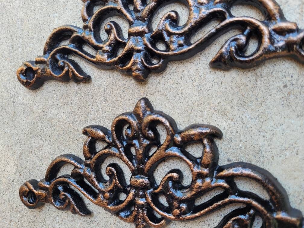 TWO Cast Iron Scroll Toppers | PICK your COLOR | Cabinet Hardware | Wall Plaques | Tuscan | Kitchen | Pediment | Bathroom