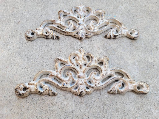 TWO Cast Iron Scroll Toppers | PICK Your COLOR | Cabinet Hardware | Wall Plaques | Tuscan | Kitchen | Pediment | Bathroom