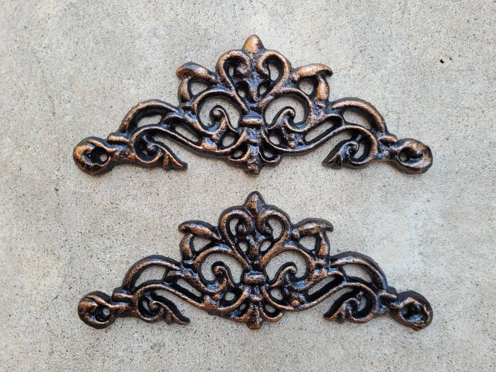 TWO Cast Iron Scroll Toppers | PICK your COLOR | Cabinet Hardware | Wall Plaques | Tuscan | Kitchen | Pediment | Bathroom