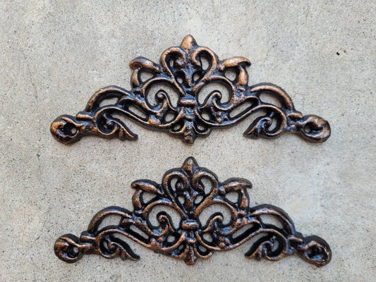 TWO Cast Iron Scroll Toppers | PICK your COLOR | Cabinet Hardware | Wall Plaques | Tuscan | Kitchen | Pediment | Bathroom