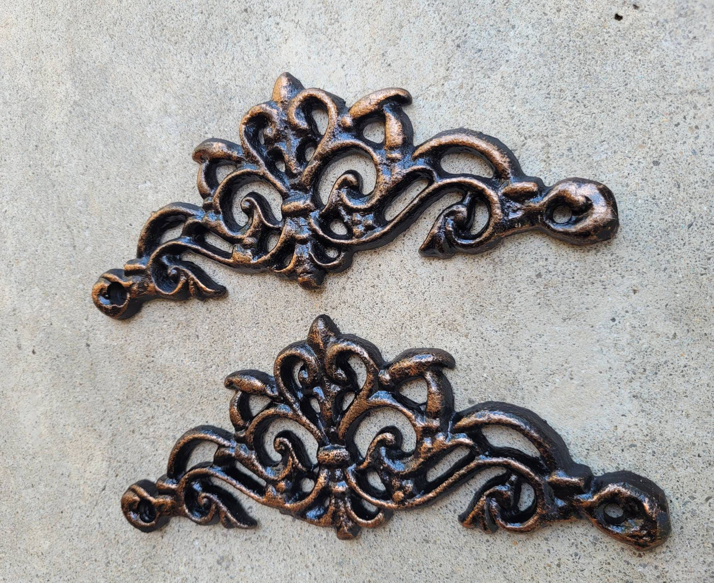 TWO Cast Iron Scroll Toppers | PICK your COLOR | Cabinet Hardware | Wall Plaques | Tuscan | Kitchen | Pediment | Bathroom