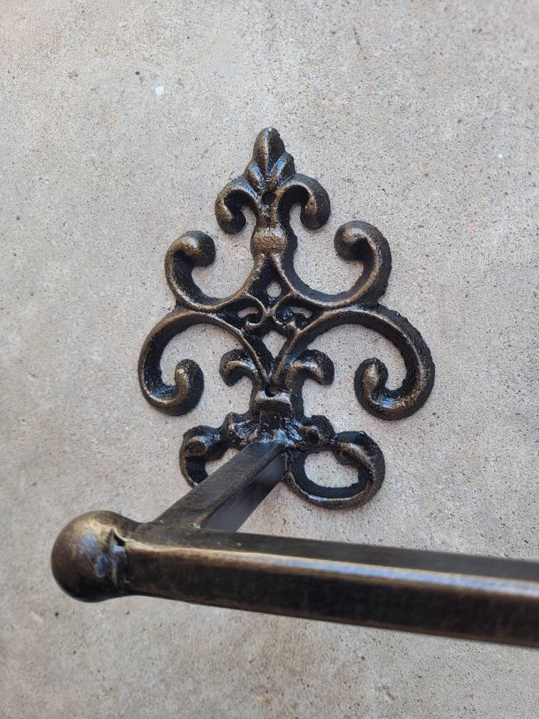 Metal Towel Bar with scroll medallions. Bathrooom fixture, hand painted and handmade. Iron Bath towel bar.