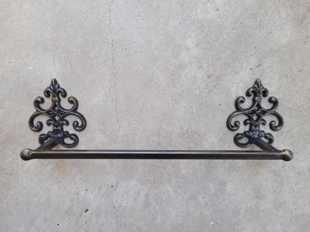 Metal Towel Bar with scroll medallions. Bathrooom fixture, hand painted and handmade. Iron Bath towel bar.