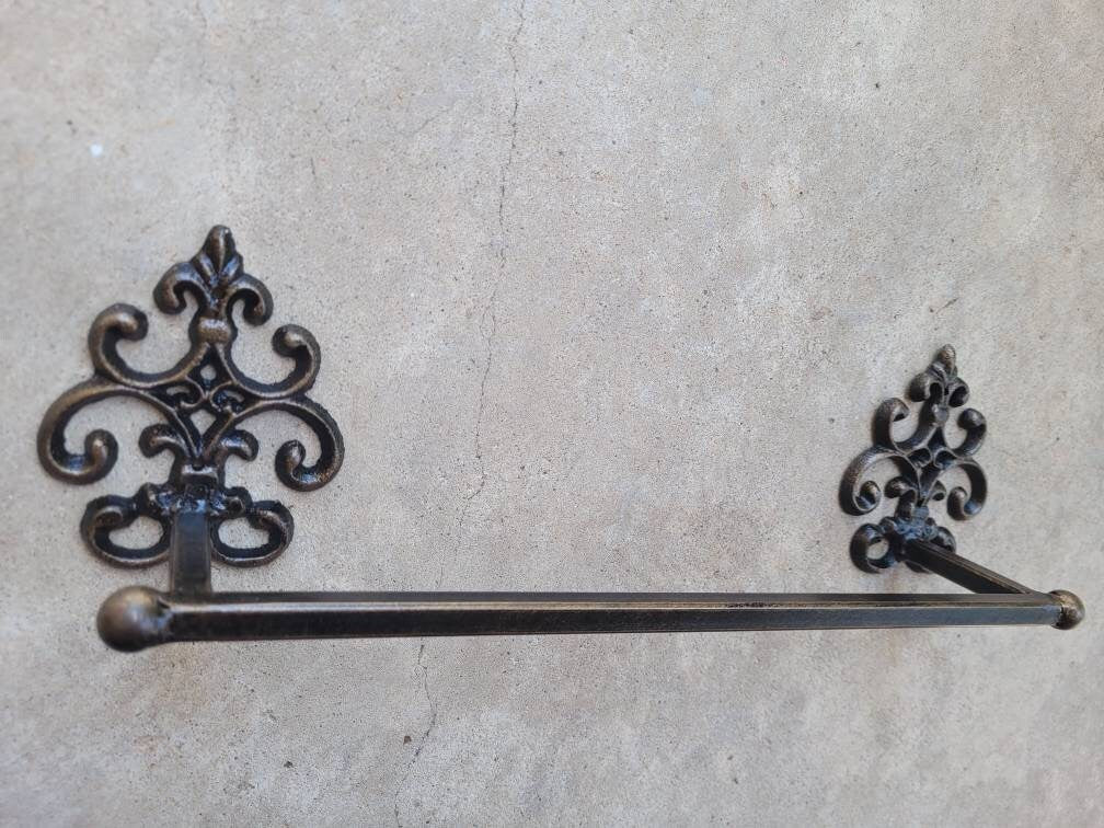 Metal Towel Bar with scroll medallions. Bathrooom fixture, hand painted and handmade. Iron Bath towel bar.