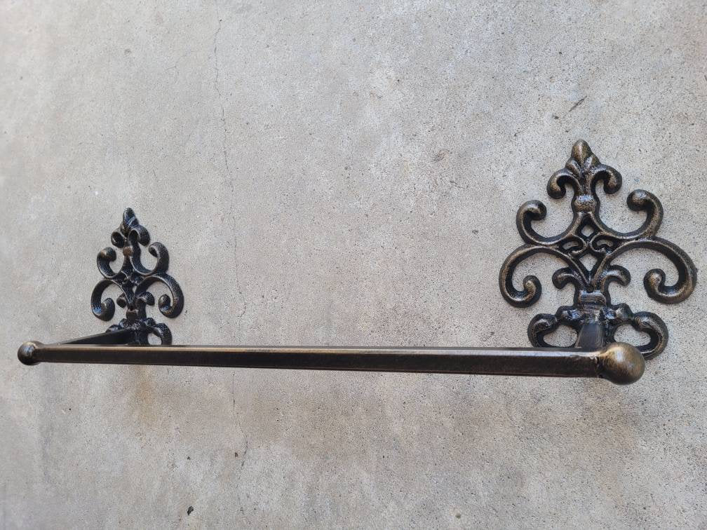 Metal Towel Bar with scroll medallions. Bathrooom fixture, hand painted and handmade. Iron Bath towel bar.