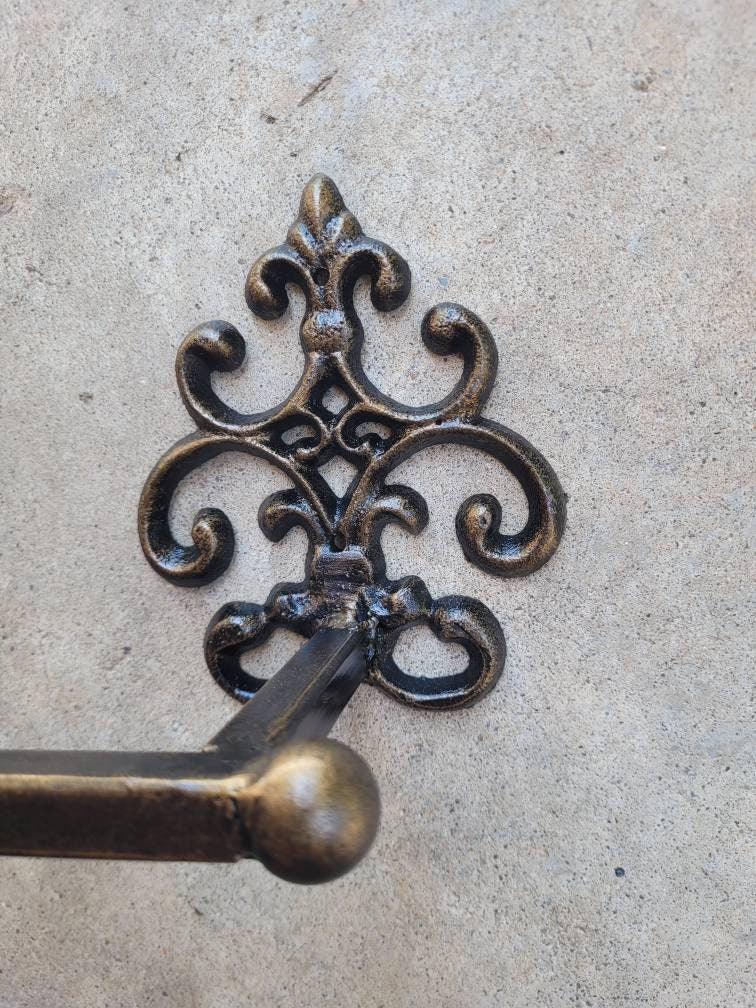 Metal Towel Bar with scroll medallions. Bathrooom fixture, hand painted and handmade. Iron Bath towel bar.