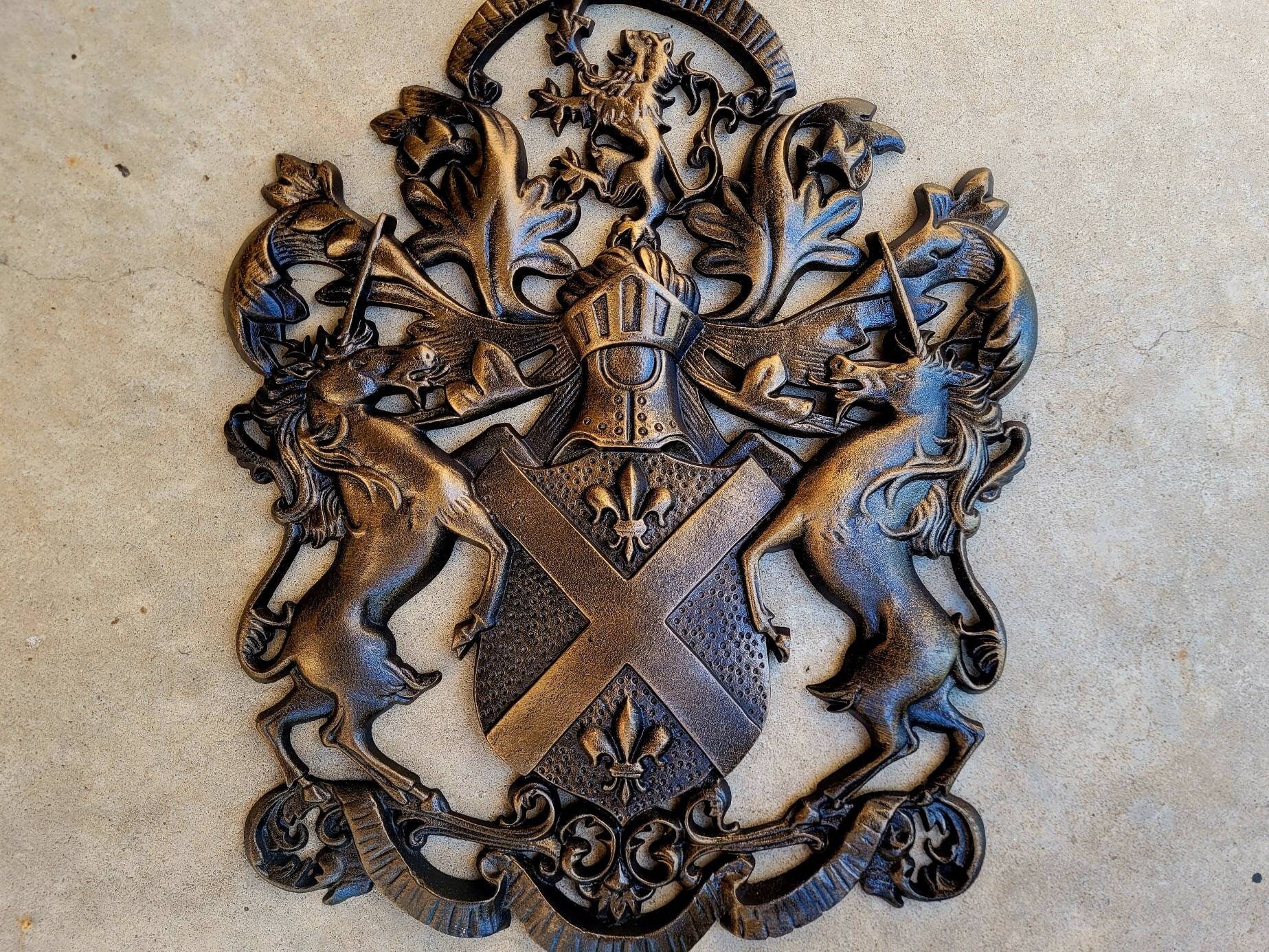 Large Shield Medieval Wall Decor | PICK YOUR COLOR | Metal Art | Unicorn | Lion | Fleur de Lis | Coat of Arms | Knight | Queen King Royalty