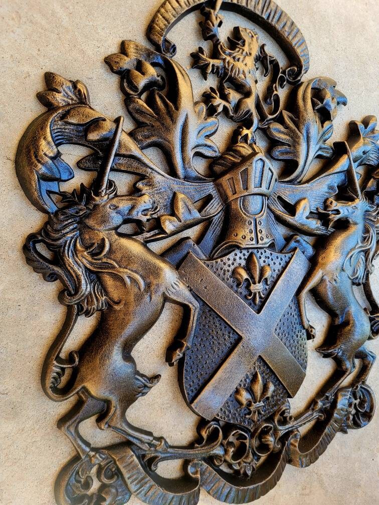 Large Shield Medieval Wall Decor | PICK YOUR COLOR | Metal Art | Unicorn | Lion | Fleur de Lis | Coat of Arms | Knight | Queen King Royalty