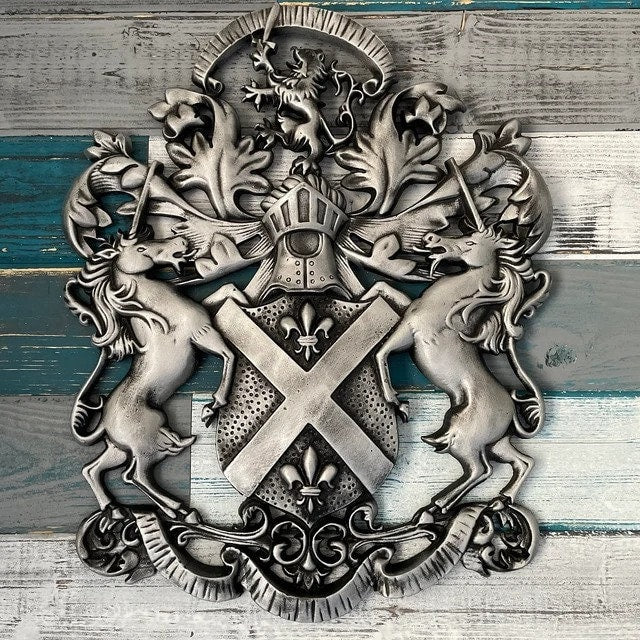 Coat of Arms Wall Plaque Family Crest Design Heraldry | PICK YOUR COLOR | Shield Wall Decor Metal Art Unicorn Lion Fleur de Lis Coat of Arms