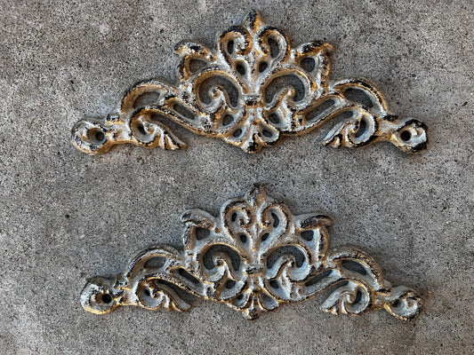 Two Cast Iron Scroll Toppers | PICK YOUR COLOR | Cabinet Hardware | Wall Plaques | Tuscan | Kitchen | Pediment | Bathroom