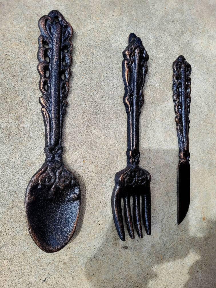 Kitchen Wall Decor, Fork, Spoon, Knife for Wall, PICK YOUR COLOR, Cast Iron Utensils for Wall, Farmhouse Kitchen, Breakfast Room Decor