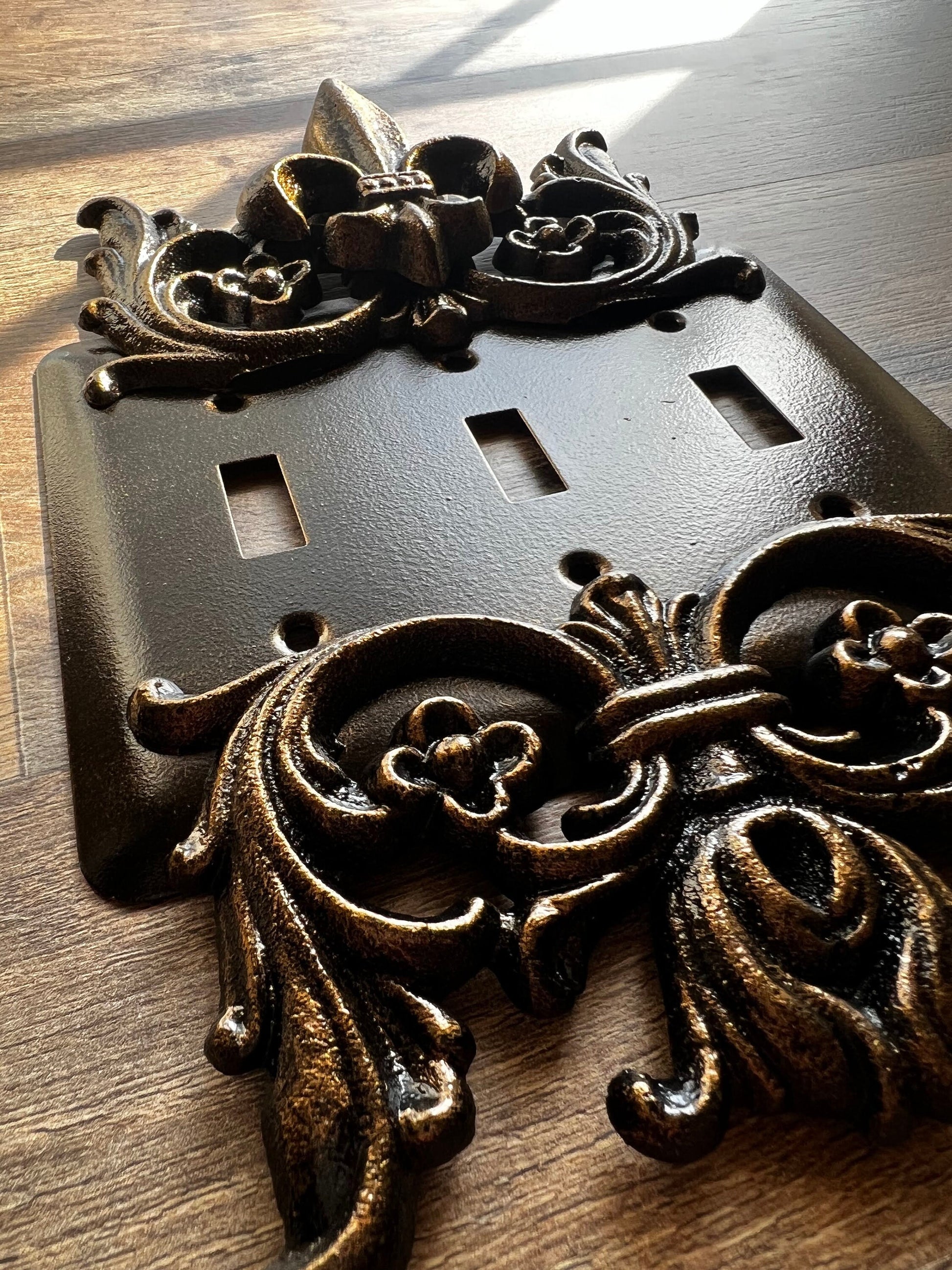 Metal Triple Toggle Light Switch Plate. PICK YOUR COLOR. 3 gang light switch cover, Medieval Gothic Royal Tuscan Decor. Three toggle switch