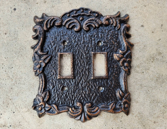 Ornate Double Toggle Light Switch Plate, PICK YOUR COLOR, Bathroom Wall Decor. Two Toggle Cast Iron Switch Plate Cover for Rustic Home Decor