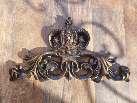 Crown Topper Pediment Art. Cross Fleur de Lis Decor, Scroll over door decor. Medieval Tuscan Old world wall hanging. Traditional Royalty