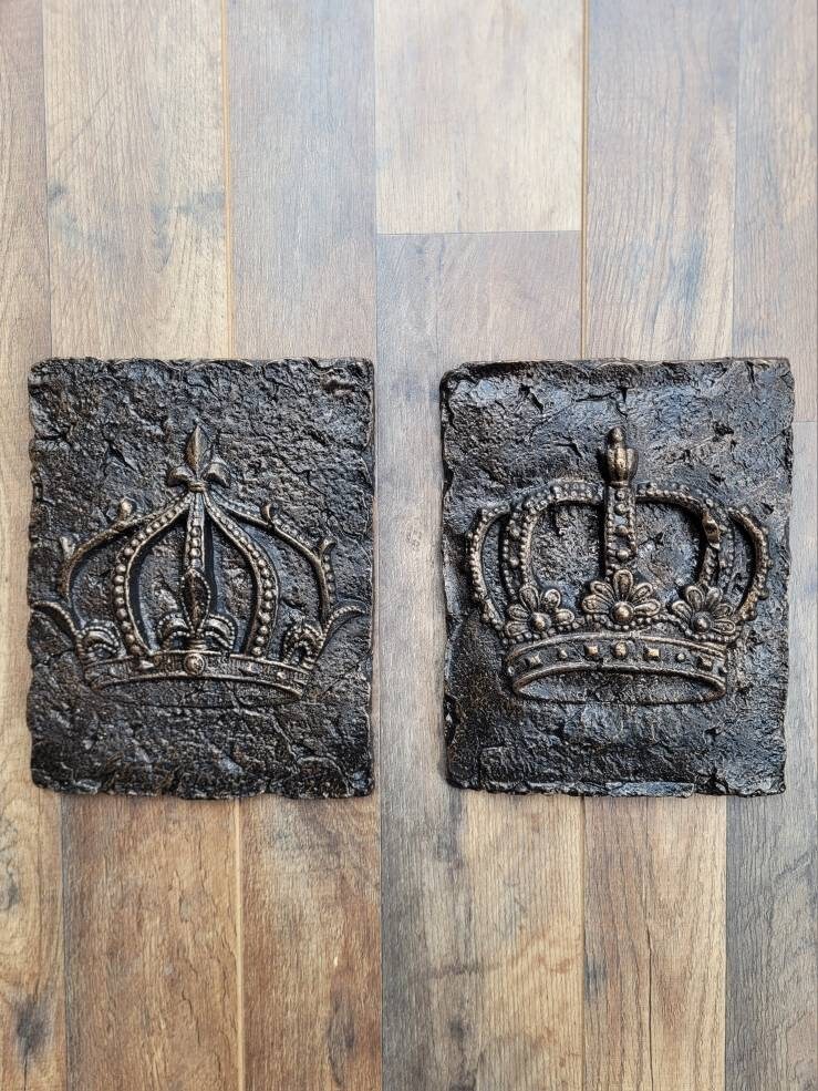 Set of 2 Crown Wall Plaques Decor | PICK YOUR COLOR | Royal King Queen | Architectural wall plaque | FleurDeLisJunkie |