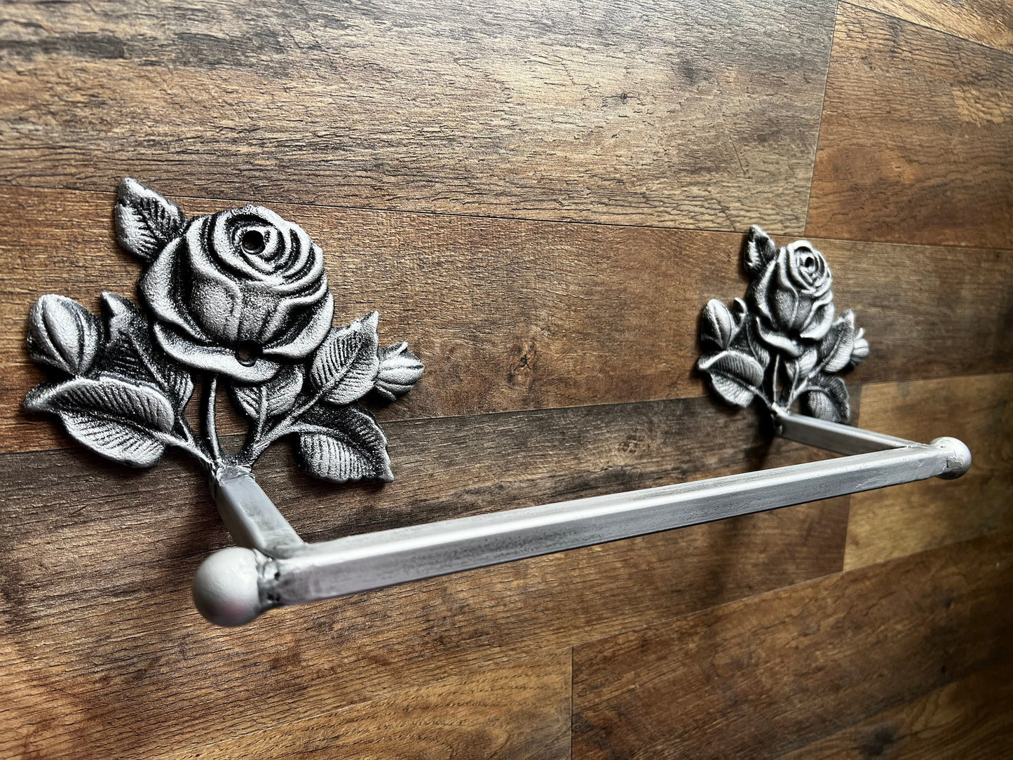 Metal Towel Bar with rose medallions. Bathroom fixture, hand painted and handmade. Iron Bath towel bar.