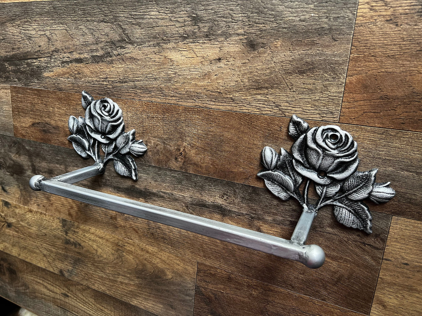 Metal Towel Bar with rose medallions. Bathroom fixture, hand painted and handmade. Iron Bath towel bar.