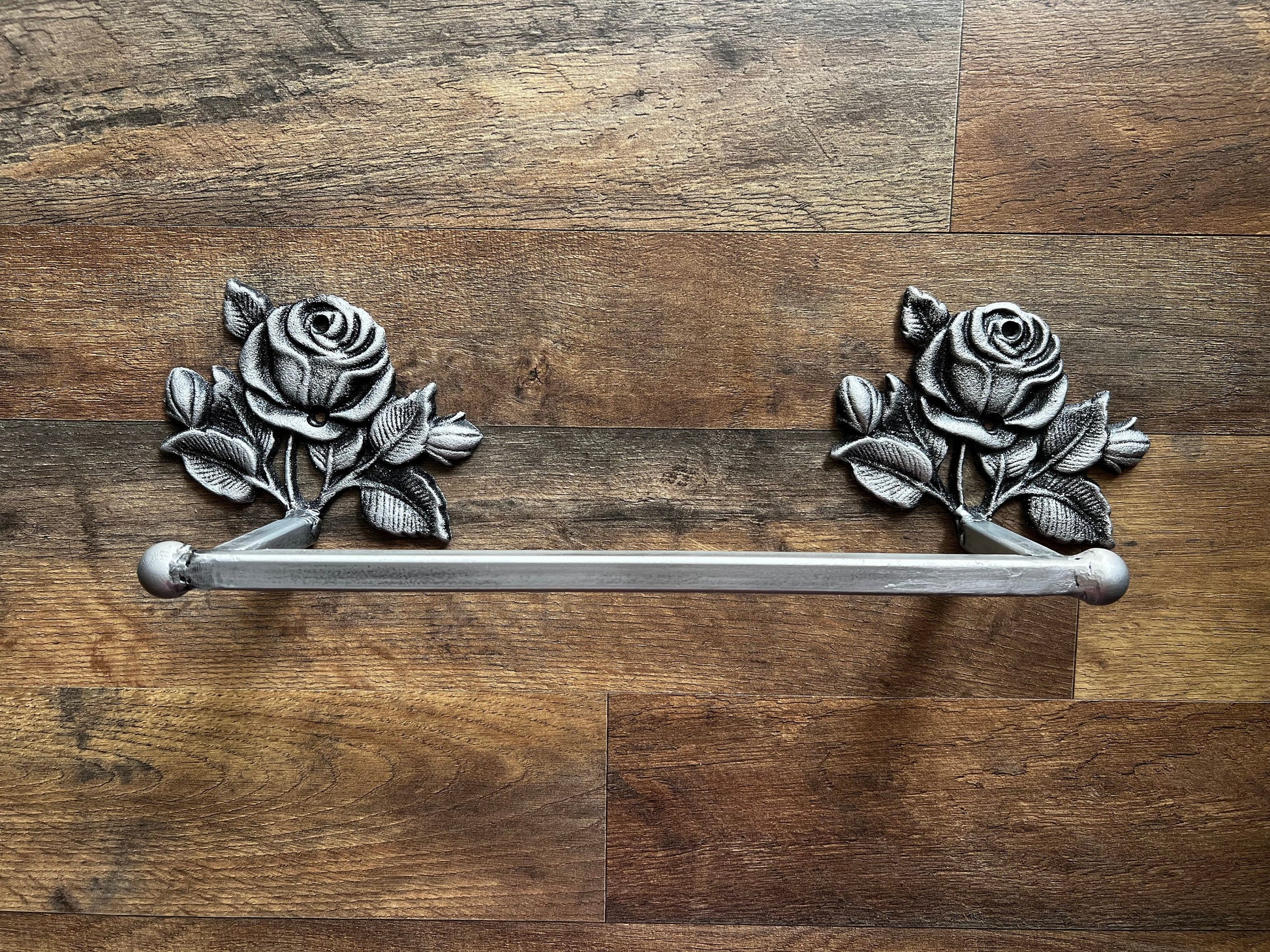 Metal Towel Bar with rose medallions. Bathroom fixture, hand painted and handmade. Iron Bath towel bar.